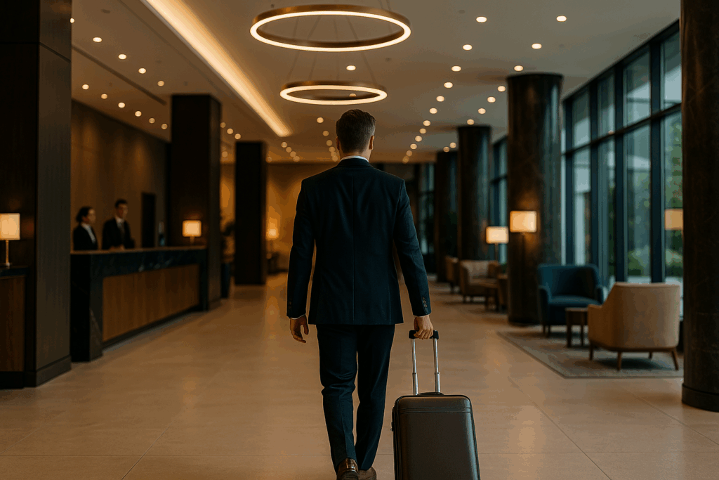 Executivo entrando em hotel de luxo com mala, simbolizando recomeço profissional na indústria hoteleira