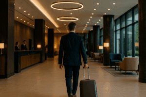 Executivo entrando em hotel de luxo com mala, simbolizando recomeço profissional na indústria hoteleira